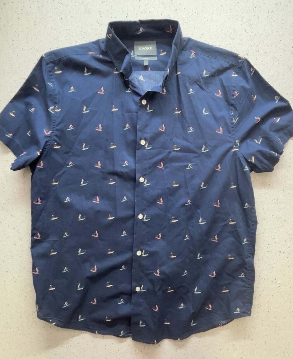 Bonobos Riviera Shirt Mens L Standard Fit Navy Blue Surfer Print Cotton SS $85